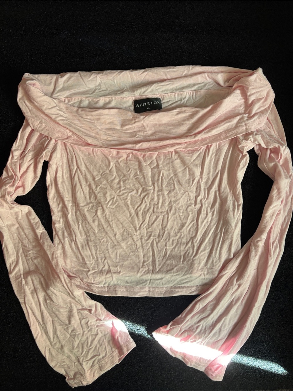 White Fox Boutique Light Pink Off-Shoulder Long Sleeve Crop Top